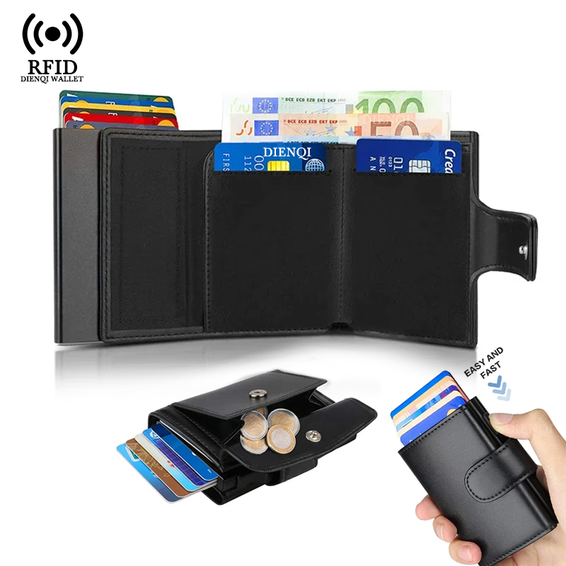 Index Card Holder - メタル名刺入れ RFIDクレジットカードホルダー ブラック三つ折り財布 ハスプ付き 小銭入れ メンズ財布
