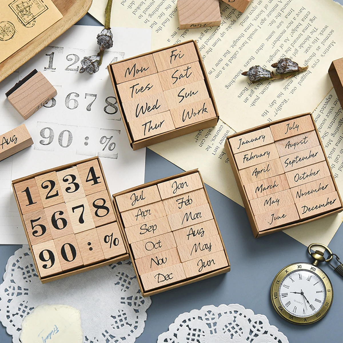 Rubber Date Stamp - 木製ゴム製日付スタンプ、12ヶ月の曜日番号DIYプランナースクラップブッキングジャーナルカード作成デコレーション手作りギフト
