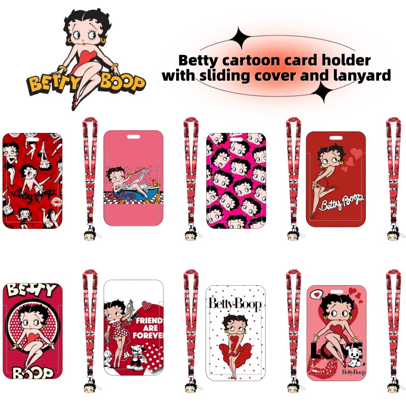 Index Card Holder - ベティ・ブープシリーズのアニメバスカードホルダー、キャンパスの食事カード、勤務IDカード、漫画の女の子のスクールIDバッジ、スライドカバーとネックストラップ付き